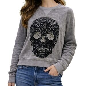 *NWT* Express Sweatshirt Womens XS Grey Lace Skull Rhinestone Acid Wash Pullover